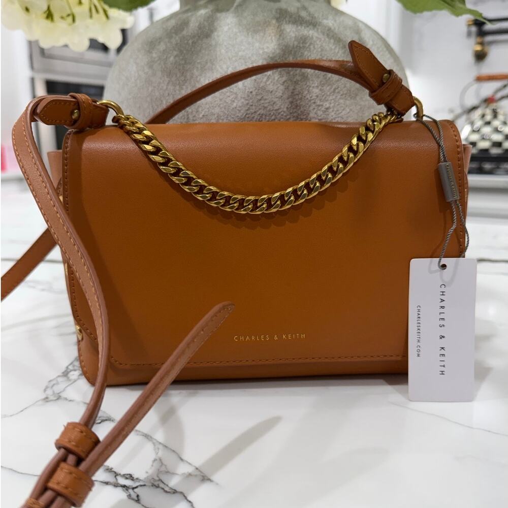 Charles & Keith Studded Chain Link Shoulder Bag Brown NWT